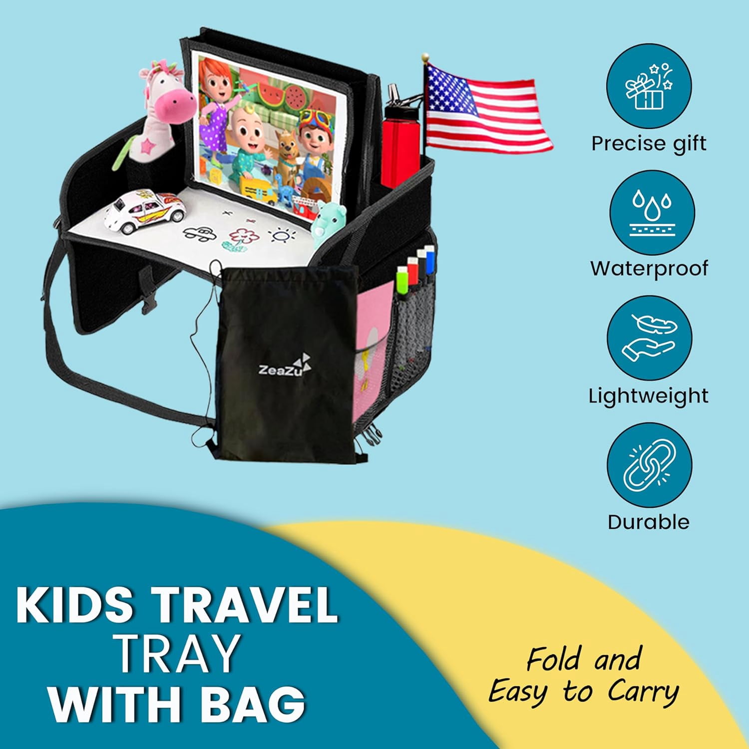 ZEAZU Kids Travel Tray with Bag - Toddler Car Seat Tray, Foldable Lap Travel Table Desk with iPad Holder, Drawing Board, Storage Pocket Organizer for Child Road Trip, Car Stroller, Airplane - Black