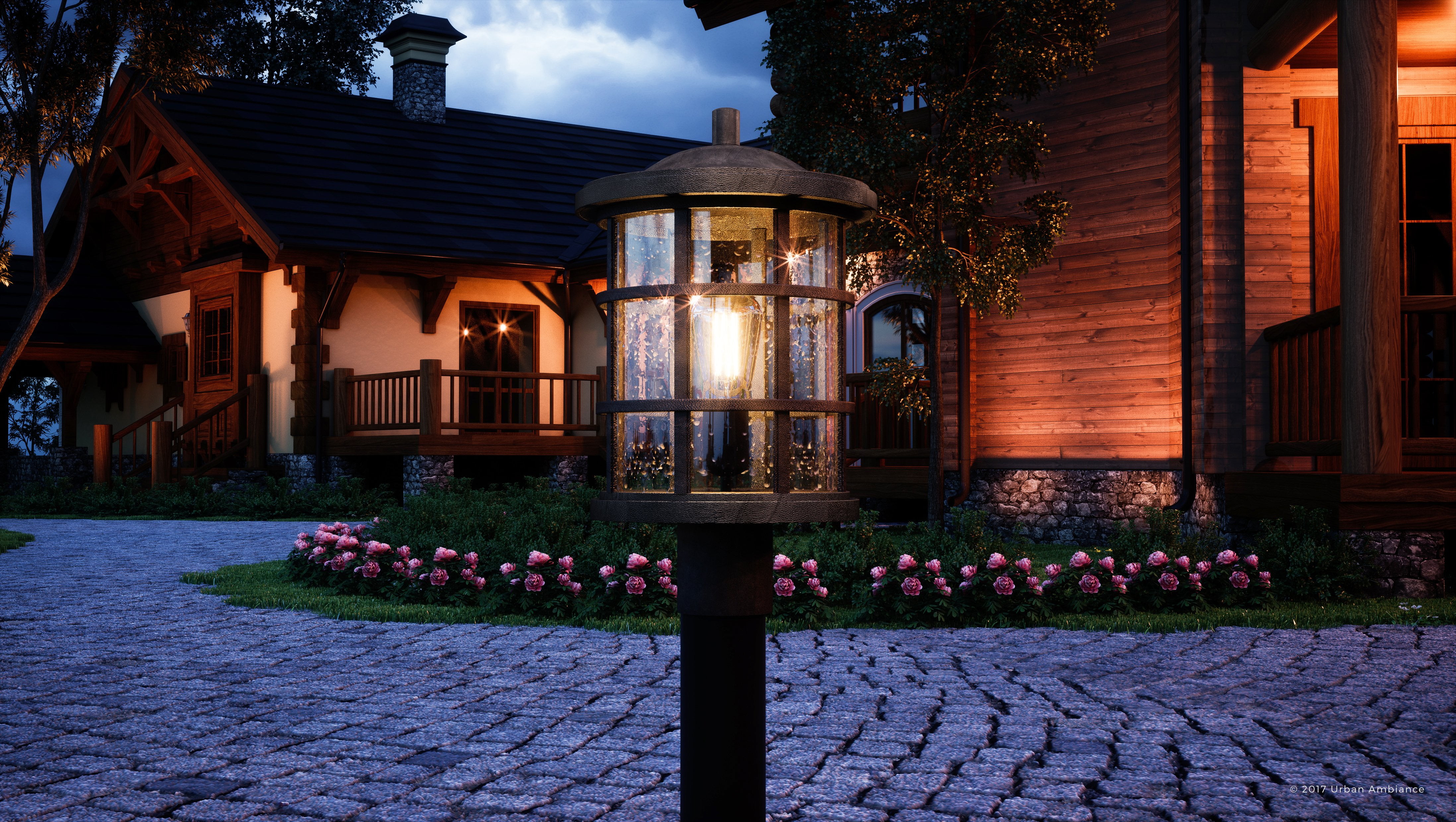 Urban Ambiance Luxury Craftsman Outdoor Post Light, Medium Size: 17.25"H x 10"W, with Tudor Style Elements, Wrought Iron Design, Natural Black Finish and Seeded Glass, UQL1046