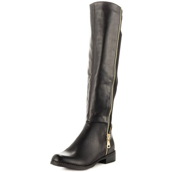 Caliente Point Up Black Vegan Leather Over Knee Gold Zipper Elastic Stretch Boot (5)