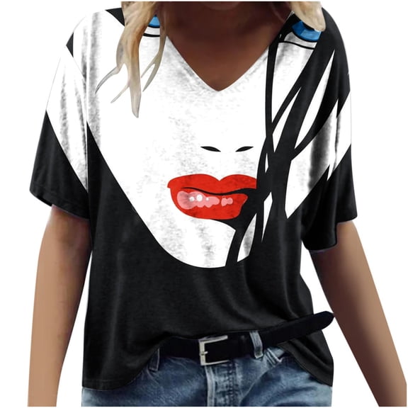 Women's Figure Graphic Print T-Shirt,Short Sleeve Trendy Blouse 2023 V Neck Casual Tunic Tops Loose Comfy Summer T-shirt