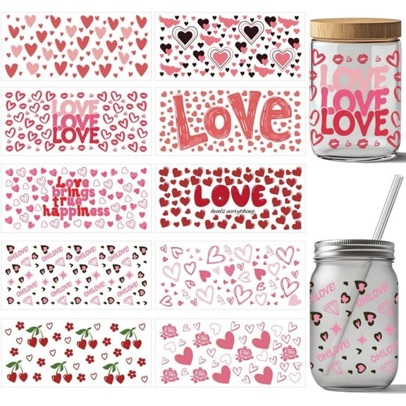10 Pcs Love Hearts UV DTF Cup Wrap Transfer Sticker 10 Styles Pink Valentine's Day Rose Transfer Paper Rub on Stickers for Cup Glass 24x11cm/9.4x4.3inch Mixed Color