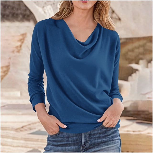Neewe Womens Long Sleeve Shirts Spring Fall Dressy Tops Dressy Crewneck Blouses Casual Pleated Front Tunic Tops