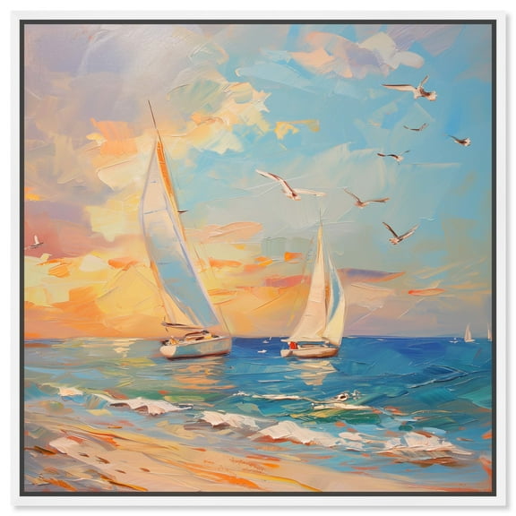 Sailboats In The Sunset Sailing Wall Art Canvas Wall Art by Art Remedy, White Floater Frame, 41" x 41"