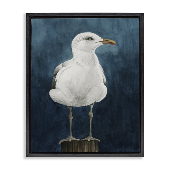 Stupell Industries Seagull Perched over Blue Animals Painting Black Floater Framed Canvas Art Print Wall Art, 17 x 21