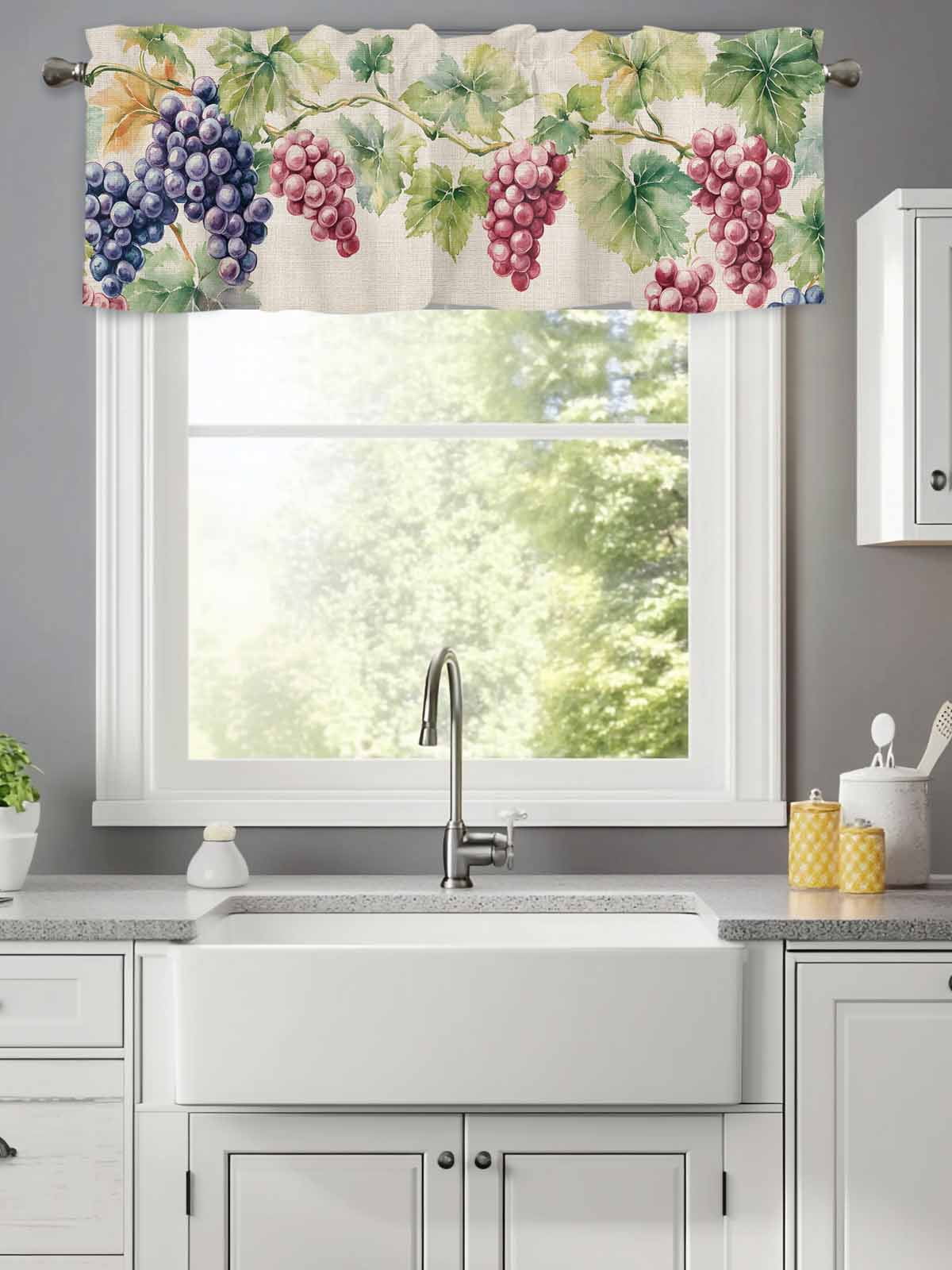 Spring Watercolor Grape Leaves Valances for Windows,Rod Pocket Valance for Kitchen Bedroom Bathroom Living Room, Country Vine Retro Linen Window Valance Curtain Short Curtains 60x18in