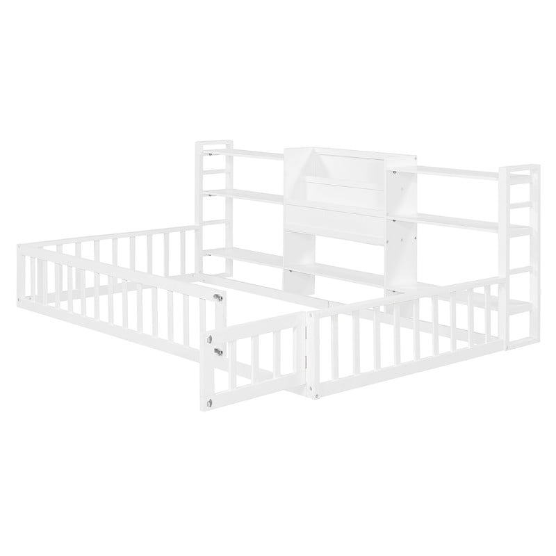 Twin Size Floor Bed with Integrated Bookcase and 3-Tier Storage Shelves, Low Profile Wood Toddler Bed Montessori Bed with Safety Guardrails for Boys Girls