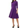 thumbnail image 2 of INSPIRE CHIC Women's Vintage Dress 3/4 Sleeves Stand Collar Office A-Line Dress M Deep Purple, 2 of 6