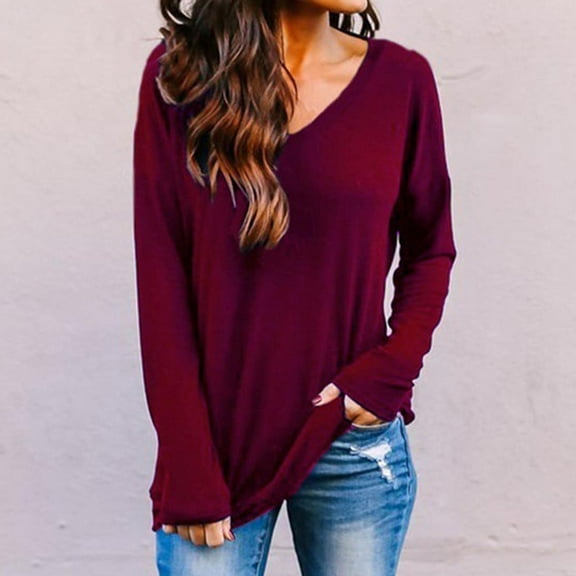 Abcnature Womens Sexy V-Neck Backless T-Shirt Fashion Solid Color Open Back Shirts Long Sleeve Tunic Blouse Tops Red S