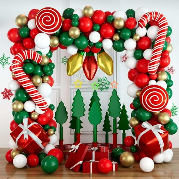 152Pcs Balloons  Garland Kit for Christmas, Red, White, Green, Gold, Candy Cane, Gift Box, Light Bulb Foil Balloons, Decorations, Party Supplies