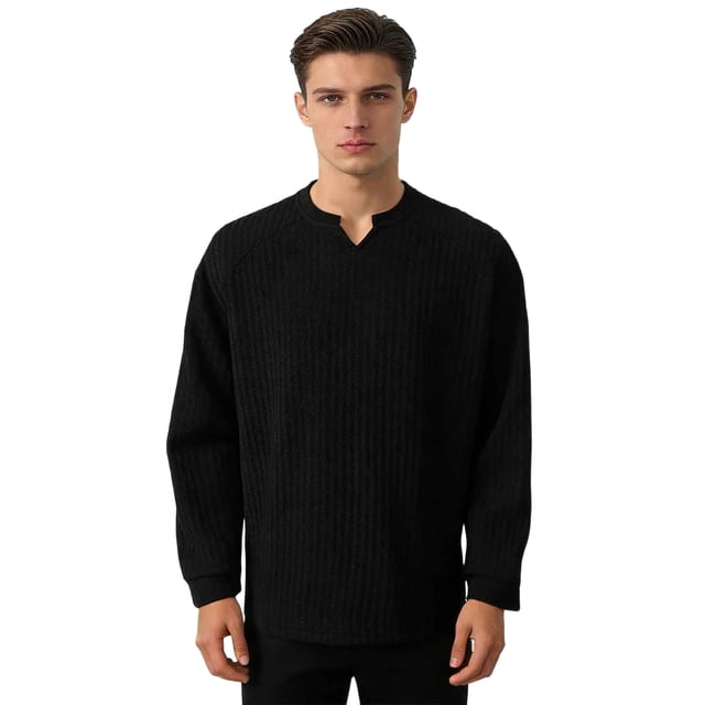 Ceisia Men's Relaxed Fit Vertical Rib Knit Small V-Neck Long Sleeve Casual Top Gifts
