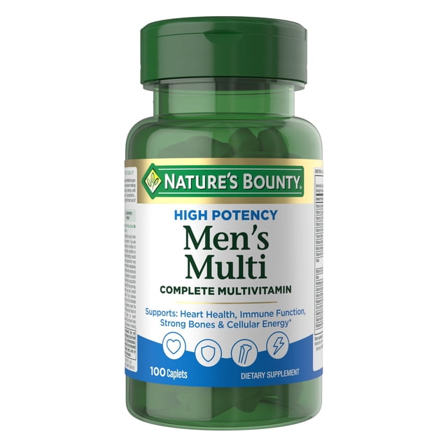 multivitamínico nature's bounty de alta potencia para hombre, 100 cápsulas botella verde frontal con etiqueta blanca y azul que muestra "Men's Multi" y la marca Nature's Bounty; envase visible de 100 cápsulas con tapa de rosca verde y pequeños iconos de corazón, escudo y hueso; apto para apoyo inmunológico y salud del corazón.