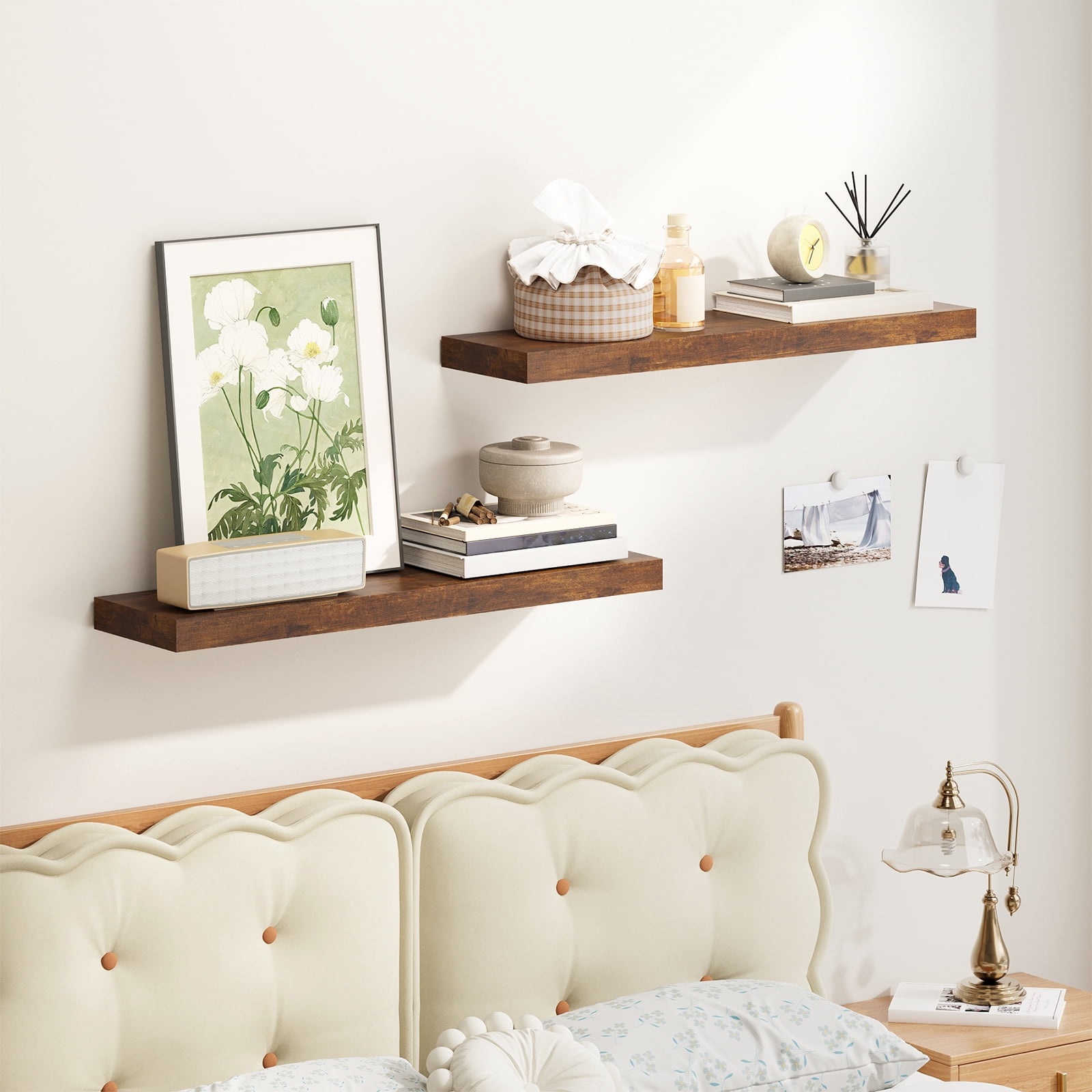 Fairy 2pcs Floating Shelves for Wall, 22.5in Bathroom Kitchen Shelves for Farmhouse Decor, Rustic Brown