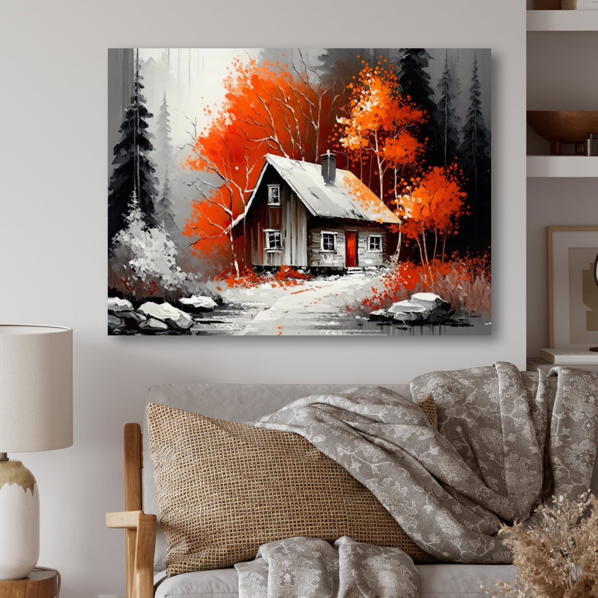 Designart Monochrome Orange Cottage In Winter IX Canvas Wall Art