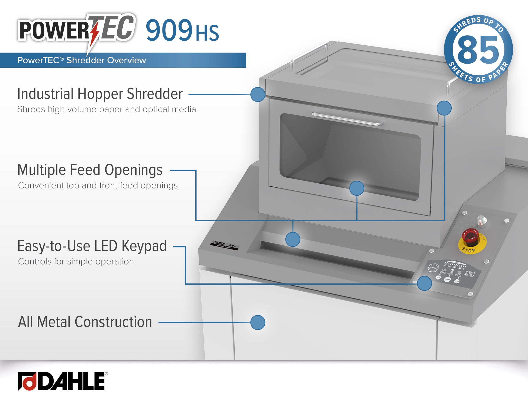 Dahle PowerTEC 909 HS Industrial Paper Shredder for Destroying Large Volumes, 85 Sheet Max, Level P-3 | O-3