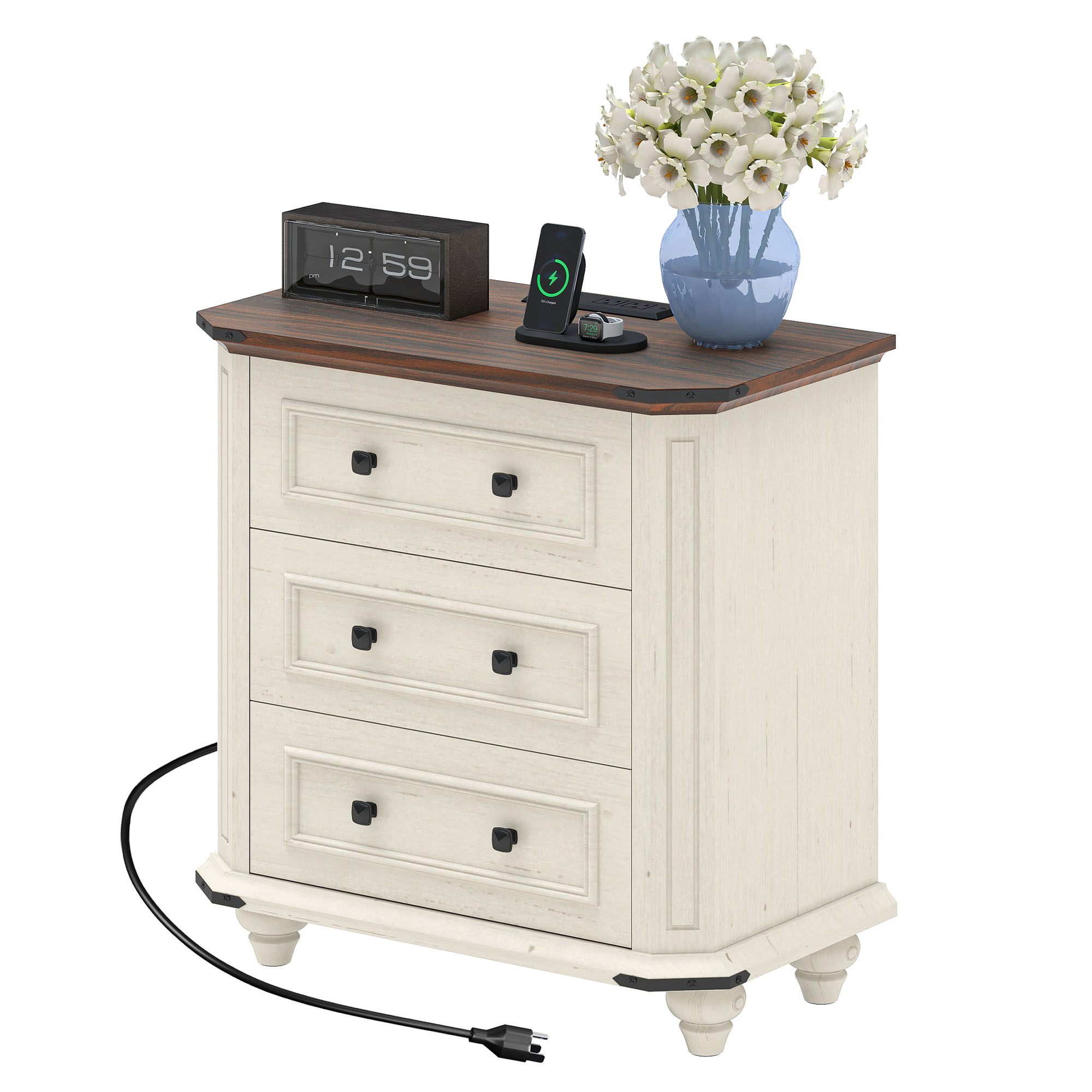 Uforic Rustic Nightstand with Charging Station & Drawers, Bedside Table for Bedroom, White