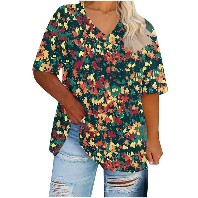 Hauts d'Été Grande Taille pour Femmes Rondes Manches Courtes T-Shirt Décontracté Mignon Ample Tendance pour Sortir Vert, TG