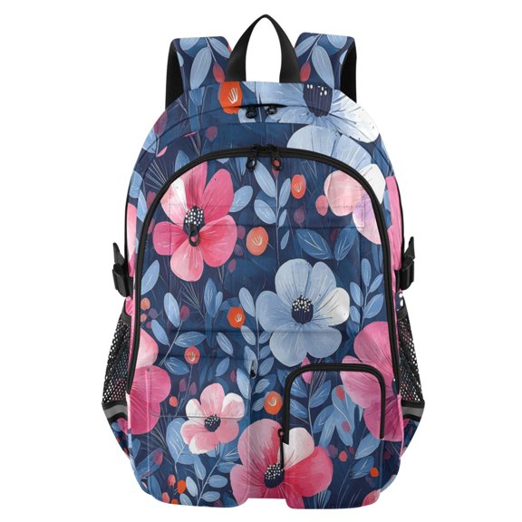 DIXRUYEE Pink Blue Floral Pattern Backpack for School 14”Laptop Compatible with Reflective Safety Strips