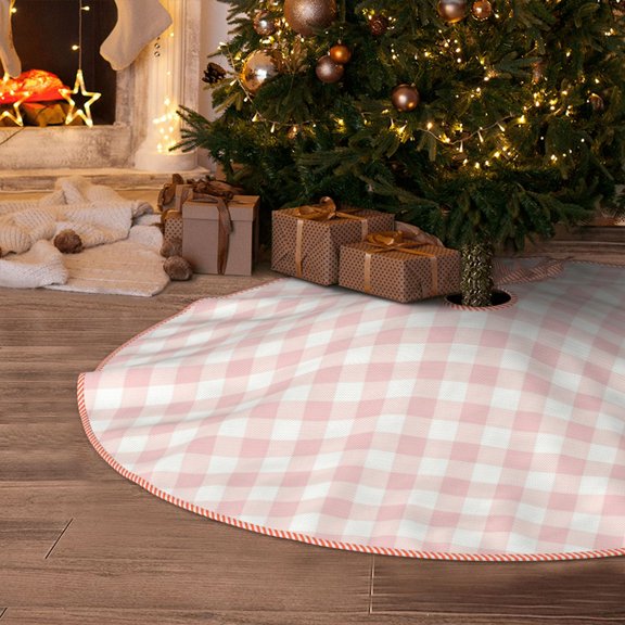 Halloween Christmas Tree Skirt - Pink Checkboard 30 Inches Christmas Tree Skirt for Halloween Holiday Indoor Home Christmas Tree Decorations with Three Ribbons