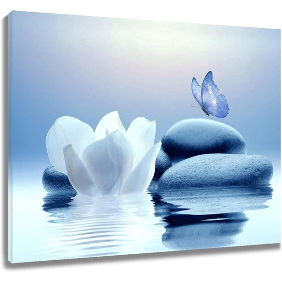 Zen Stone Canvas Wall Art White Flower and Blue Butterfly on Lake Wall Art for Bathroom Living Room Bedroom Modern Spiritual Yoga Spa Picture Wall Decor Framed Bedroom Wall Art,16x12 Inches