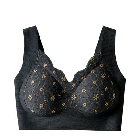 WNYEIME Wireless Bra for Women No Underwire Lace Bra Seamless Comfort Push Up Bra Full Coverage Daily Breathable Bra Everyday Bra Black XXL