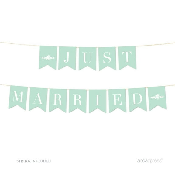 Just Married Floral Mint Green Wedding Hanging Pennant Party Banner with String