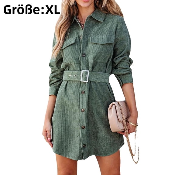 1pcs-Corduroy Long Sleeve Shirt Dress-Military Green-L