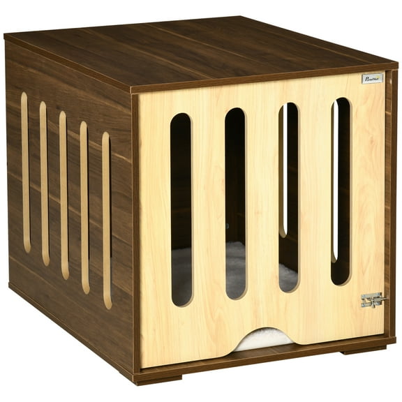 Noaman Furniture Style Dog Crate End Table with Removable Door Panel, 23.5" W x 31.5" D x 24.25" H, Foam Cushion Bed & Safety Lock for Small/Medium Dogs, Indoor Use, Brown