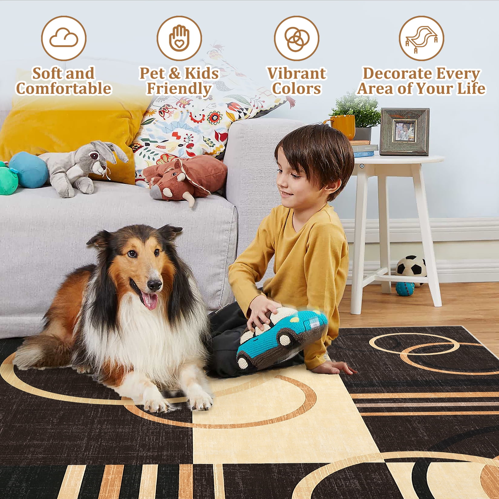 FairOnly 8'x10' Brown Area Rugs for Living Room Geometric Circle Print Washable Soft Rugs Geometric Non Shedding Indoor Floor Carpet