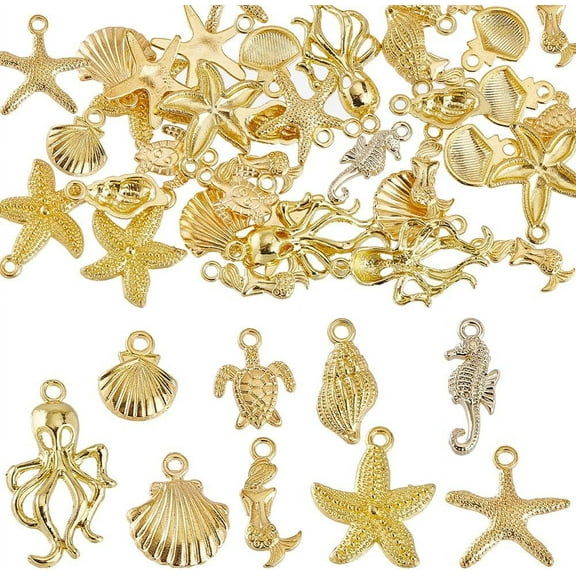 1 Box 54Pcs 9 Styled Gold Sea Charms Ocean Charms Bulk Alloy Turtle Starfish Seahorses Mermaids Sea Animal Conch Summer Beach Charm