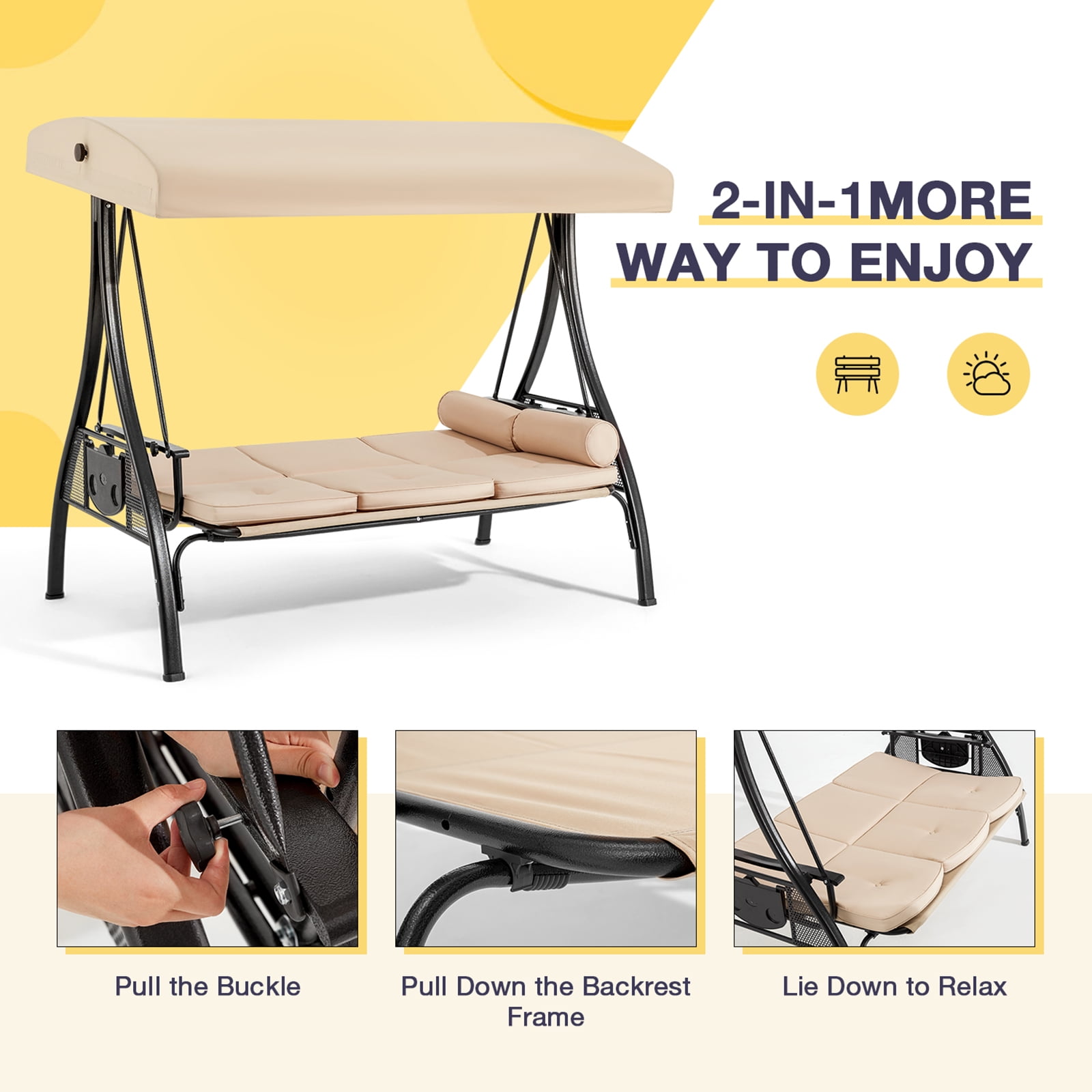 HOMREST 3-Seat Outdoor Porch Swing with Adjustable Canopy and Backrest, Patio Swing Chair with Weather Resistant Steel Frame,Comfortable Cushions for Balcony,Garden,Deck and Poolside