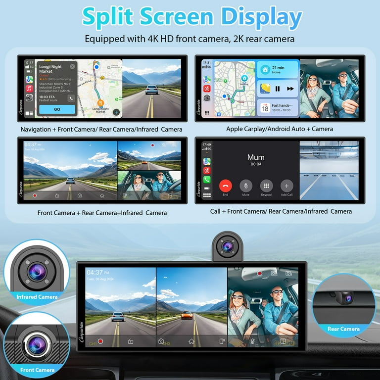 Carpuride W125P CarPlay-Bildschirm mit Net-flix YouTube, Kabellos Carplay & Android Auto, 11,26 HD Touchscreen, 1080P Rückfahrkamera, Android OS, Split-Screen, OTA, Navigation/Siri, Bluetooth/FM/AUX