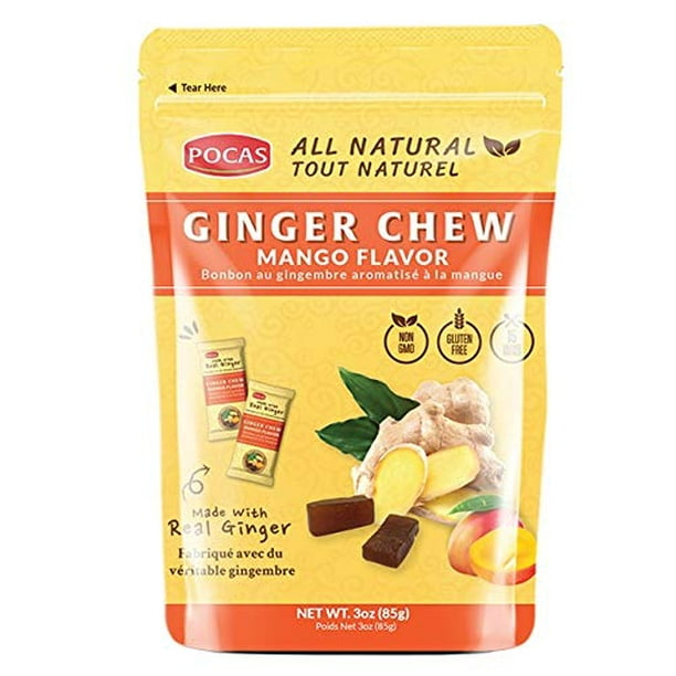 Pocas Ginger Chews (Pack of 4) Mango Flavor 3oz Real Ginger Candy
