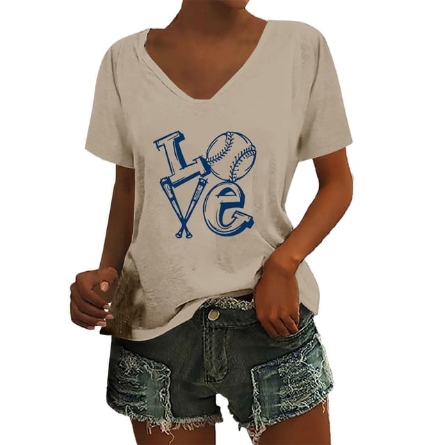 WZXFASHION T-shirt à Manches Courtes Col en V Imprimé Couleur Unie Festival de Baseball pour Femmes 50 % de Réduction