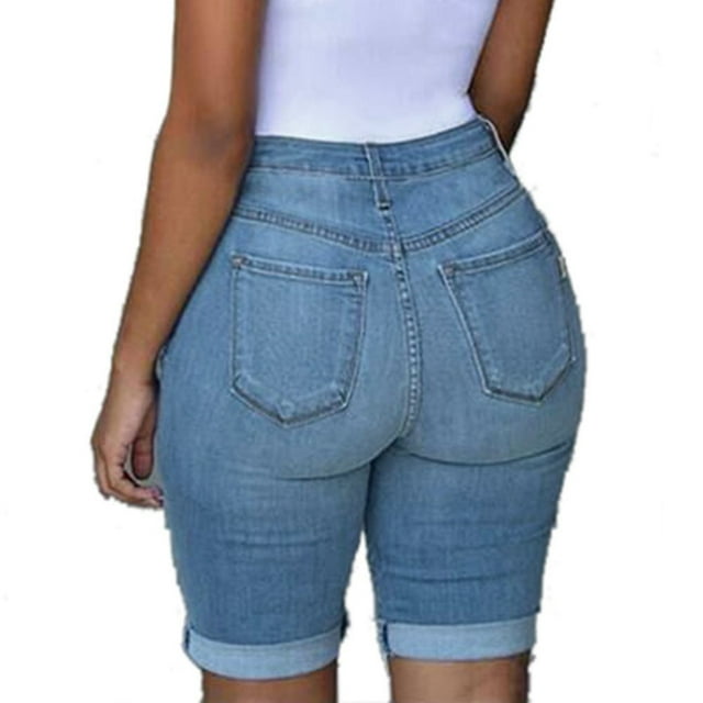 RKSTN Jean Shorts for Women Elastic Destroyed Hole Plus Size Shorts Ripped Solid Color Comfortable Elastic Summer Shorts
