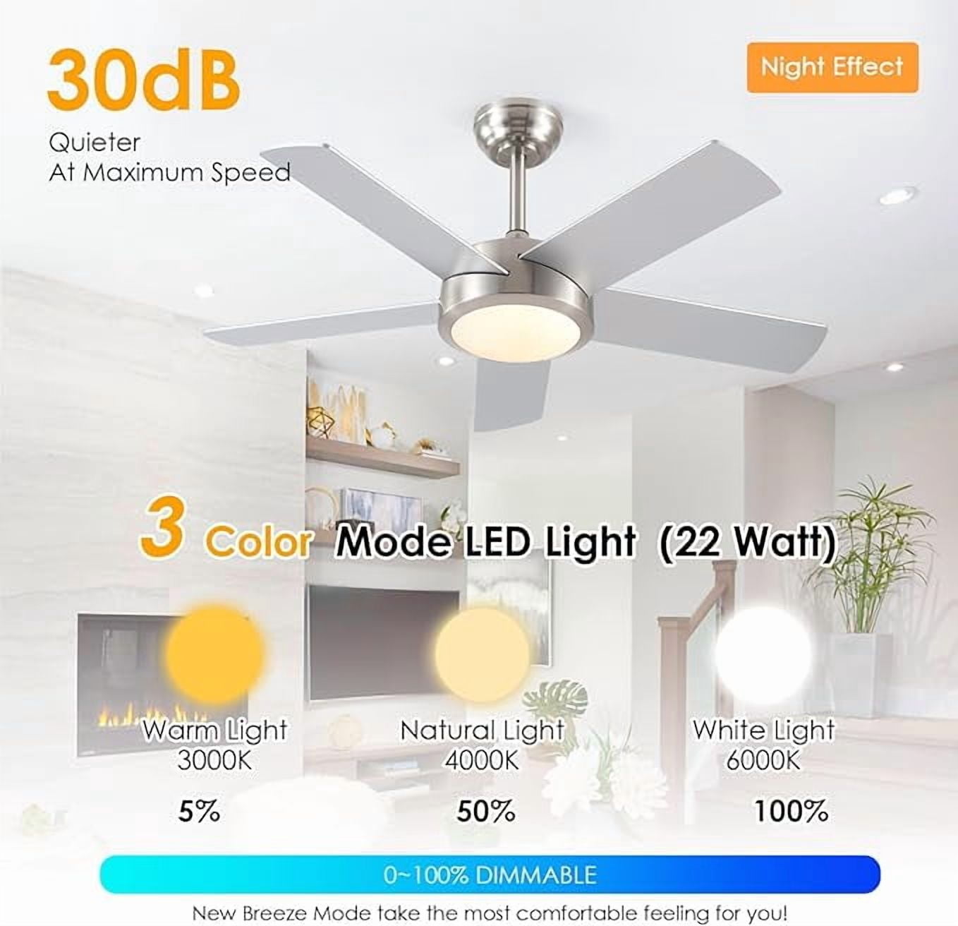 YIOSI 46" Nickel Ceiling Fan with Lights & Remote - Modern Low Profile, Reversible DC Motor, 5 Dual-Sided Blades, LED Light, APP/Remote Control, Quiet & Energy Efficient - Nickel