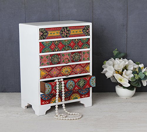 storeindya Wooden Armoire Storage Small Chest 5 Drawers Furniture Bicycle Design White Distress Shabby Chic Finish