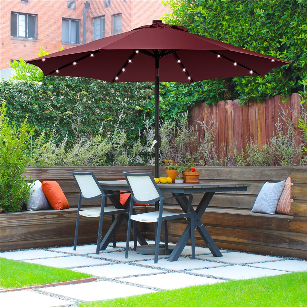 Renwick 9 ft Solar LED Patio Umbrella with Base and Tilt Crank, Burgundy