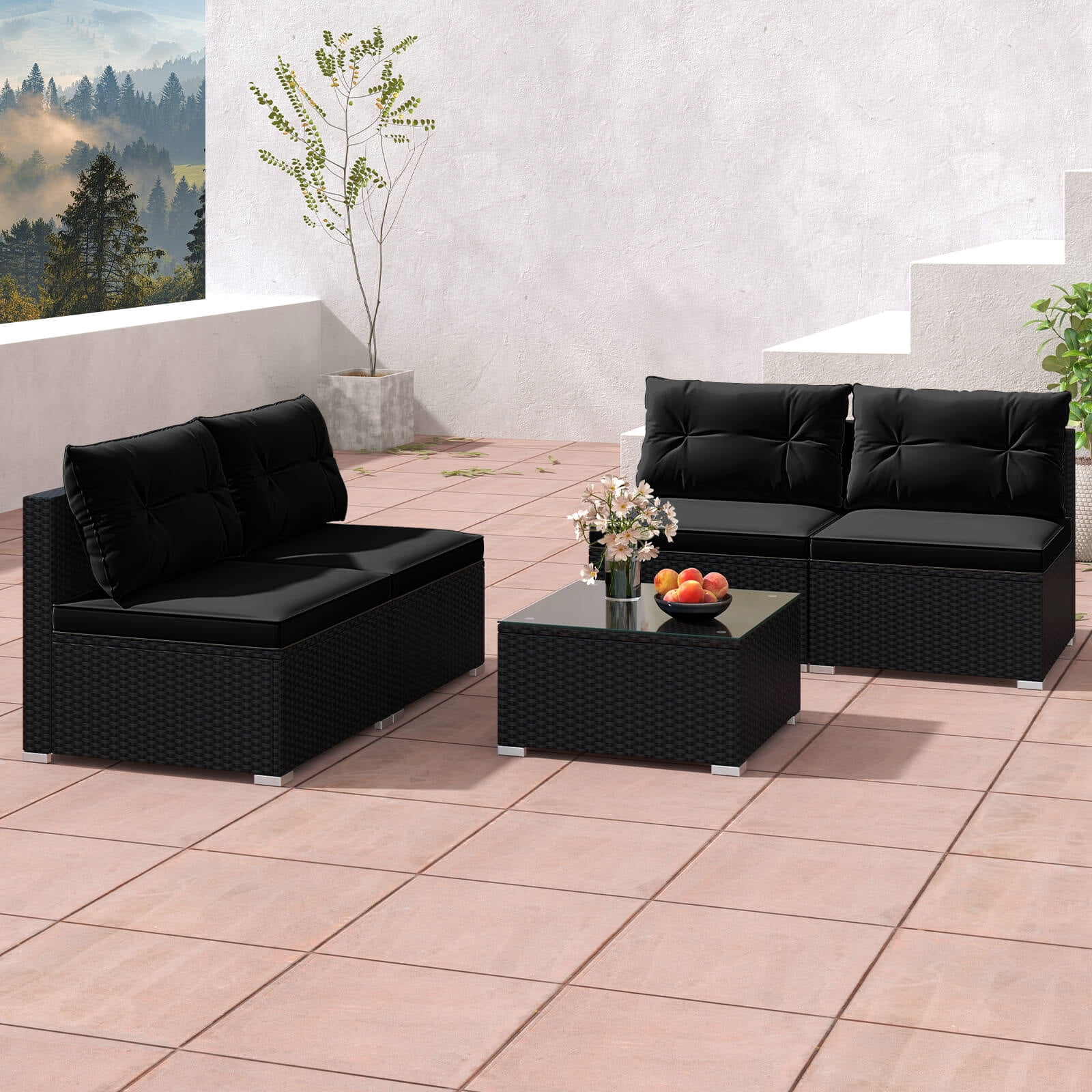 Costway 5 Piece Outdoor Furniture Set with Seat & Back Cushions Tempered Glass Tabletop Black