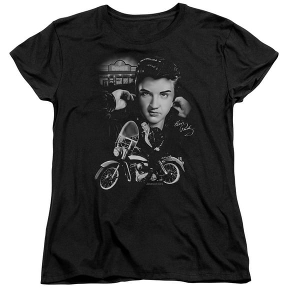 Trevco ELV741-WT-3 Elvis Presley & The King Rides Again-Short Sleeve T-Shirt for Womens, Black - Large