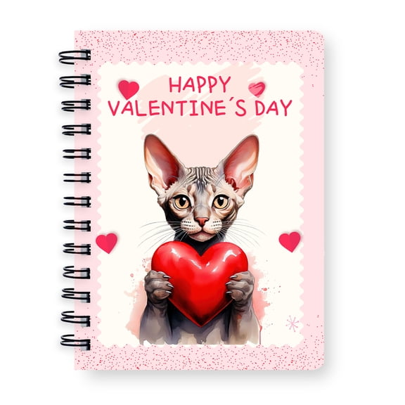Happy Valentine's Day Sphynx Brings Love Heart Spiral Bound Journal Cat Lover Kitten Owner Gifts Idea 5x7in Spiral Notebook - 02028