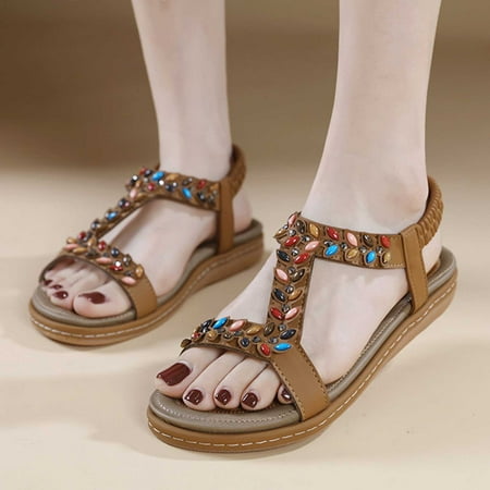 

Aueoeo Women s Flats Sandals Summer New Floral Comfort Elastic Ankle Strap Sandals Casual Seaside Beach Flat Sandals Comfortable Beach Shoes Sandal for Beach Dressy Party Dress On Clearance