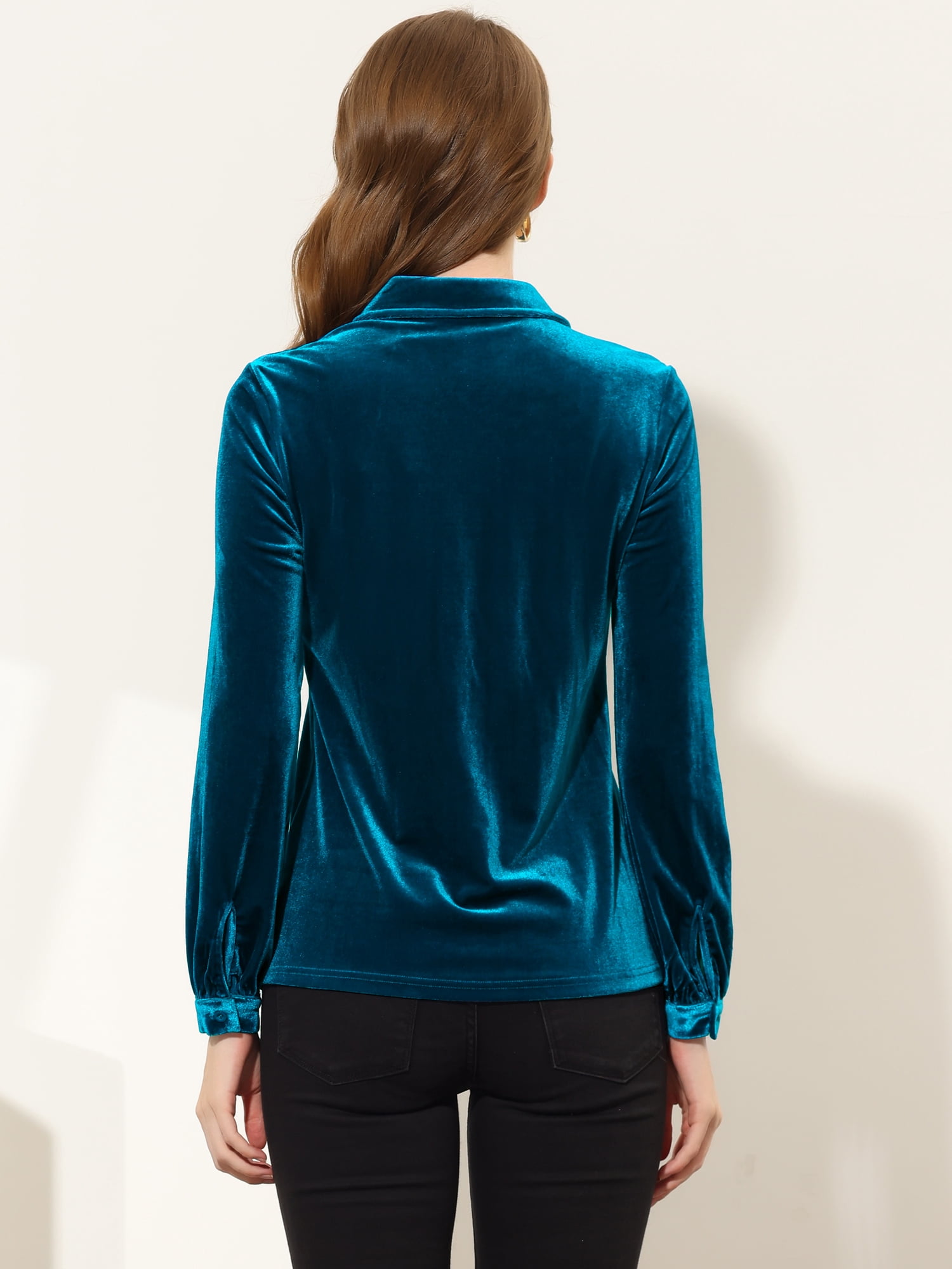 DARING DIVA Women's Office Pocket Front Long Sleeve Button Down Velvet Shirt S Royal Blue