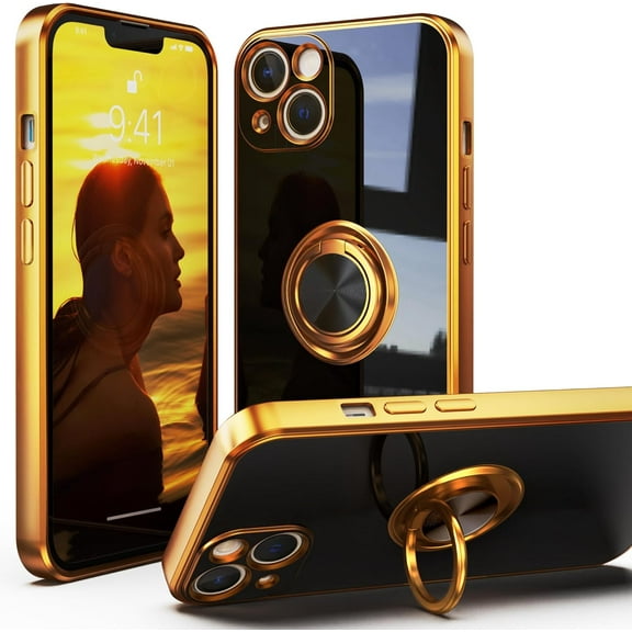 for iPhone 14 Pro Max Case with 360°Ring Holder Stand Magnetic Kickstand,Lightweight Slim Fit Plated Rose Gold Edge Soft TPU Bumper Camera Protection Non-Slip Cover,Black