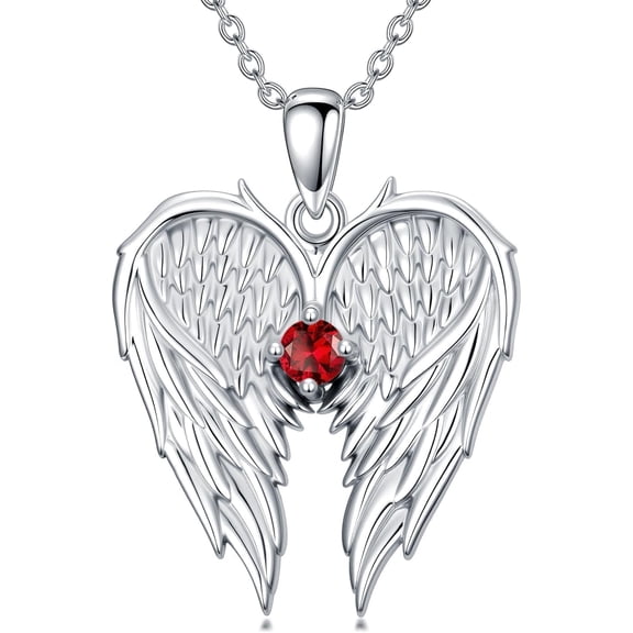 CACA LADY Angel Wings Necklace 925 Sterling Silver Guardian Angel Wings Pendant January Birthstone Necklace for Women Garnet Memorial Jewelry Birthday Christmas Gifts
