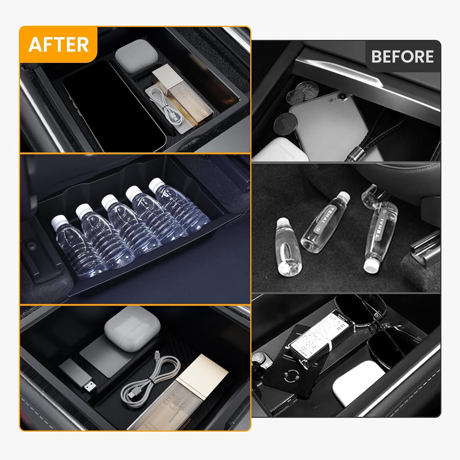 4PCS Center Console Organizer Tray for Tesla Model Y Juniper Accessories 2025, Center Console Storage Tray Armrest Hidden Box Orgainzer and Underseat Storage Tray for New Model Y