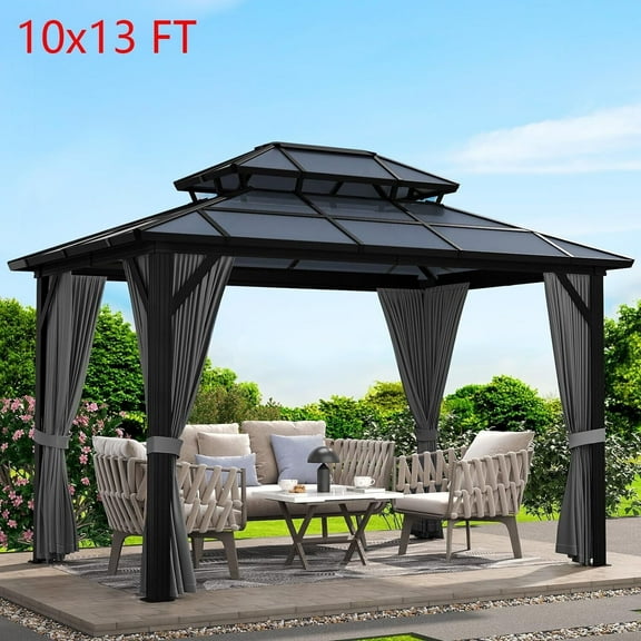 Emorefun 10x13 FT Hardtop Gazebo Outdoor Double Roof Canopy with Curtains & Netting Gray
