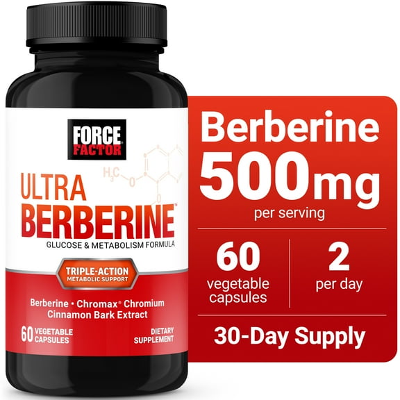 Force Factor Ultra Berberine, 500mg Berberine HCL, Cinnamon & Chromium for Metabolism Support, Weight-Loss & Healthy Glucose Levels, 60 Capsules