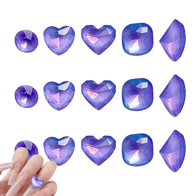Mezcla de tamaños, 15 Uds., diamantes de imitación de cristal morado para decoración de uñas, piedras acrílicas para uñas con parte posterior plana, gemas para decoraciones artísticas de uñas 3D