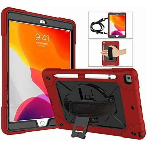 iPad 10.2 Case 2020 iPad 8th Generation Case / 2019 iPad 7th Generation Case with Hand Belt, Shoulder Strap, Rugged Shockproof Protective Shell w/Kickstand for iPad 10.2" (red/Black)