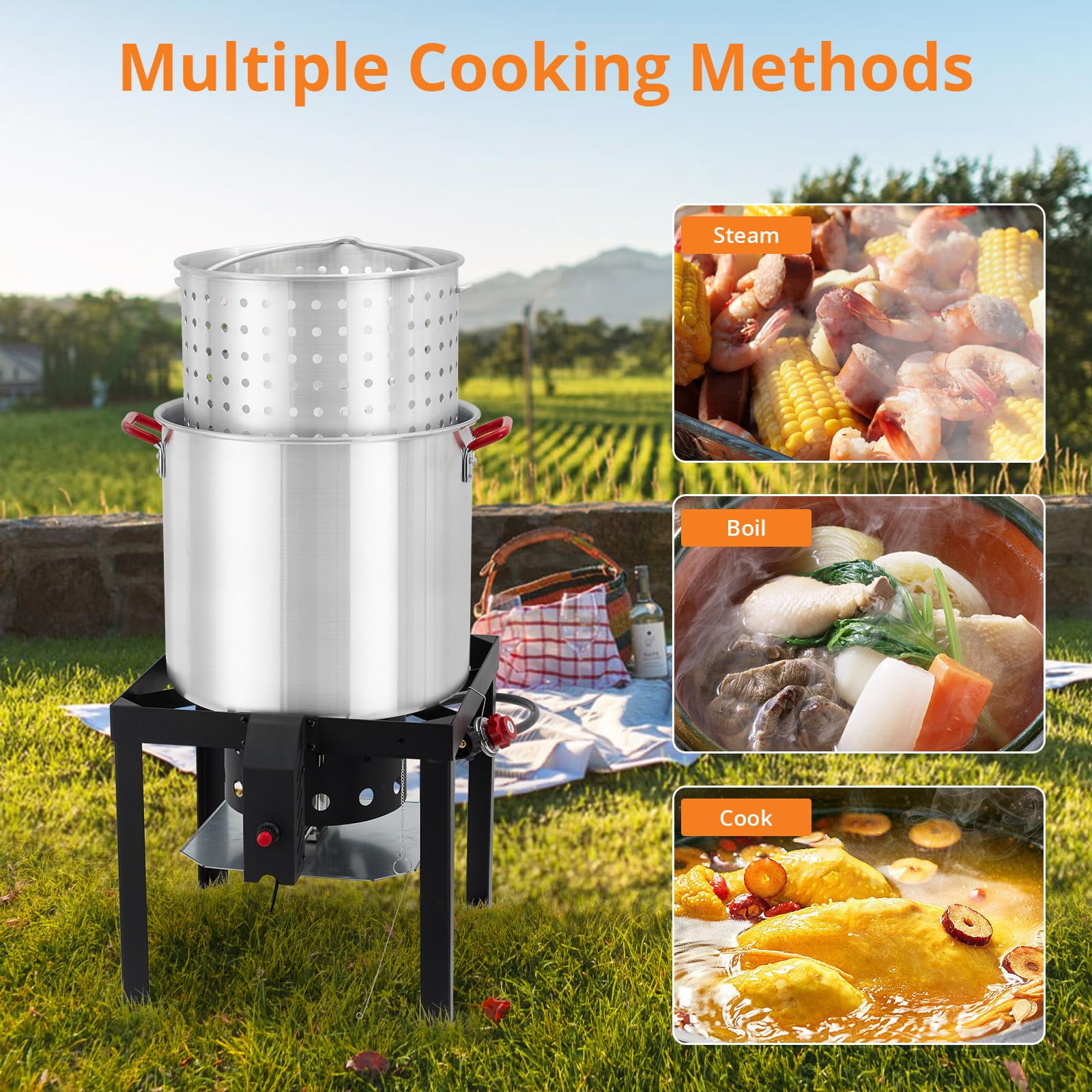 100 Qt Seafood Boil Pot, ACONEE Aluminum Crawfish Boiler W/Steam/Boil Basket & Strainer, 110000 BTU Propane Stove Burner With Lifting Hook, 10 PSI Regulator, Outdoor Cooking Shrimp Crab Boiler
